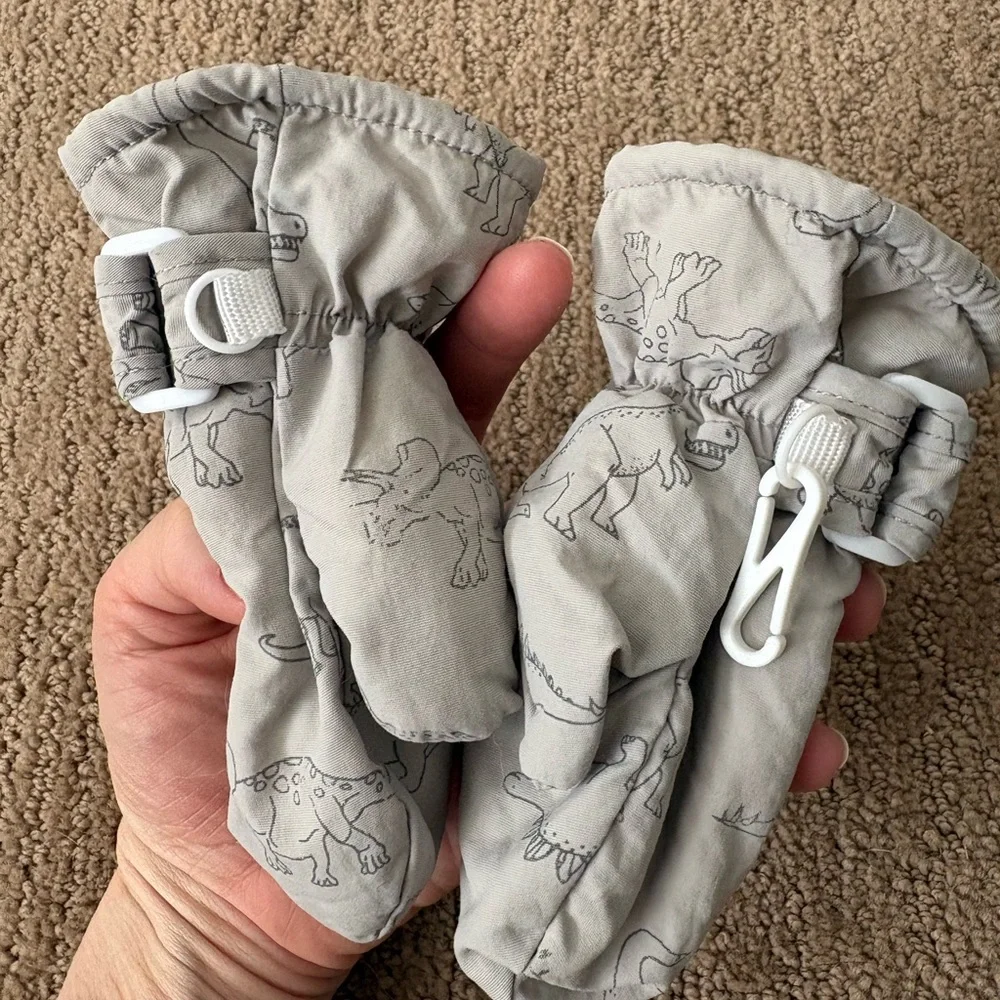 Kids Light Gray Dino Print Mittens - Soft Winter Gloves